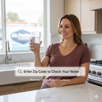 Homeowner checking water quality in a Denver kitchen with a zip code lookup tool overlay for Mr. Perfect Plumbing