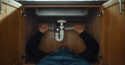 Plumber repairing the drain pipe under a kitchen sink in a Denver home